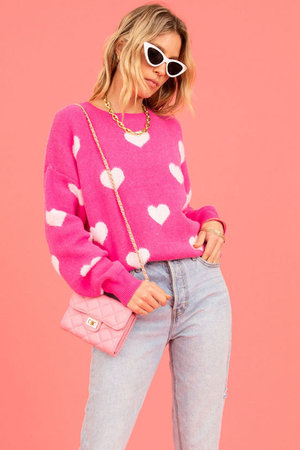 Leuchtend rosa fuzzy valentine hearts drop shoulder pullover