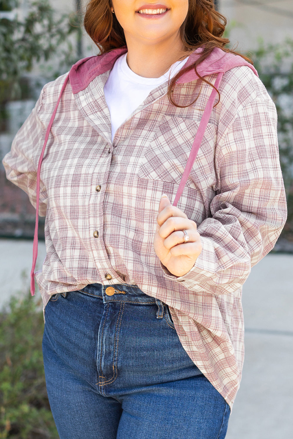 Bonbon plaid druck kordelzug mit kapuze button-up plus größe shirt