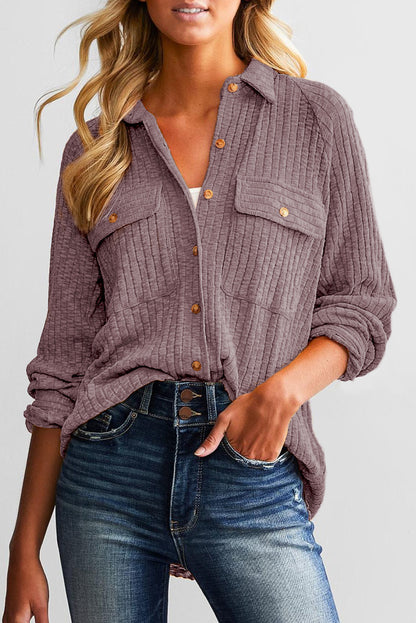 Paarse knop Placket met een deken Pocket Rib Cardigan