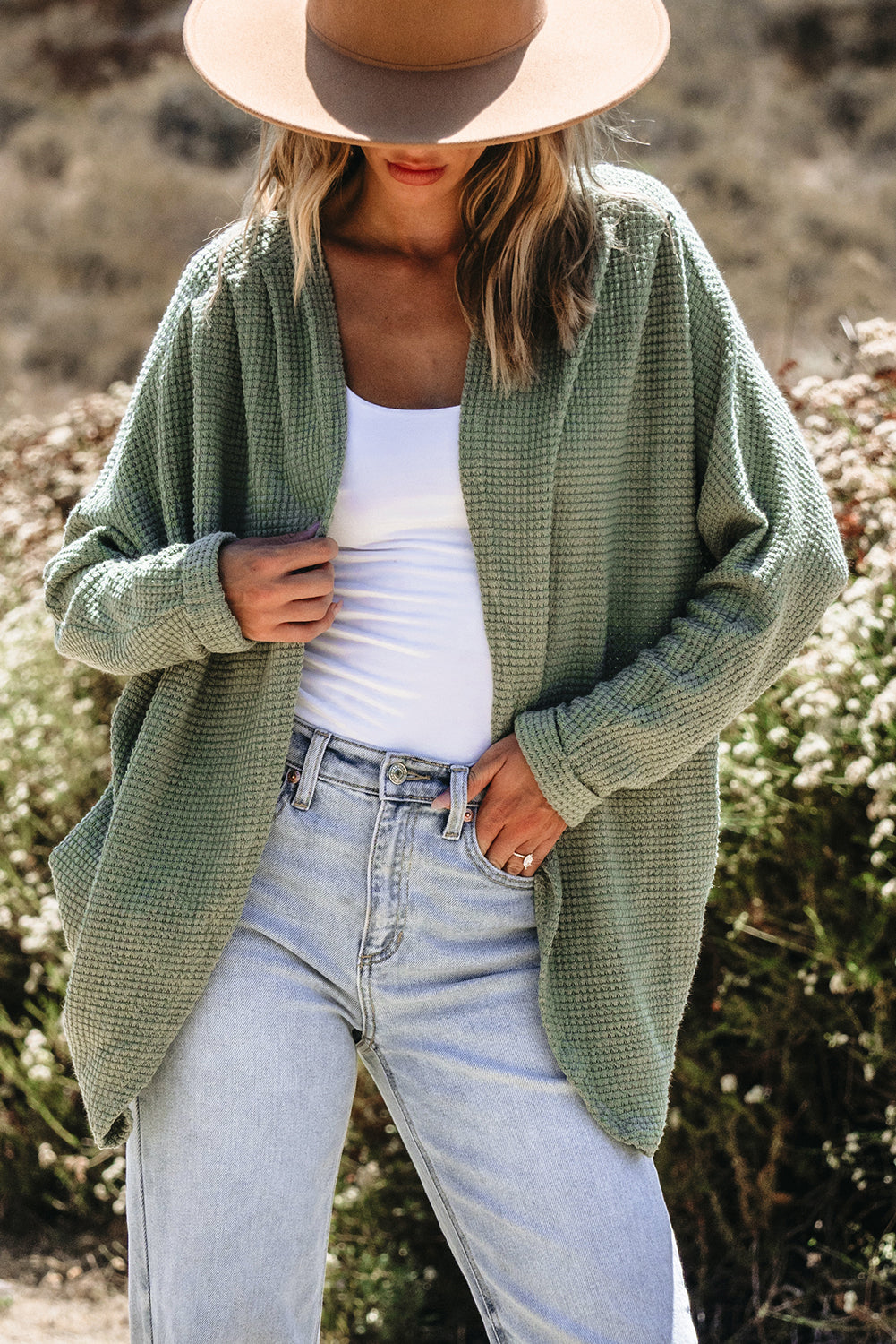 Laurel Grüner Waffelstrick Cardigan met een open voorkant