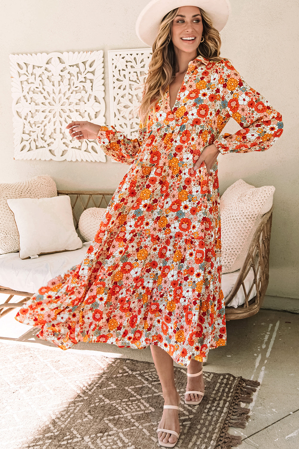 Multicolor Boho Floral Collared Long -Sleeveved, Roted Dress