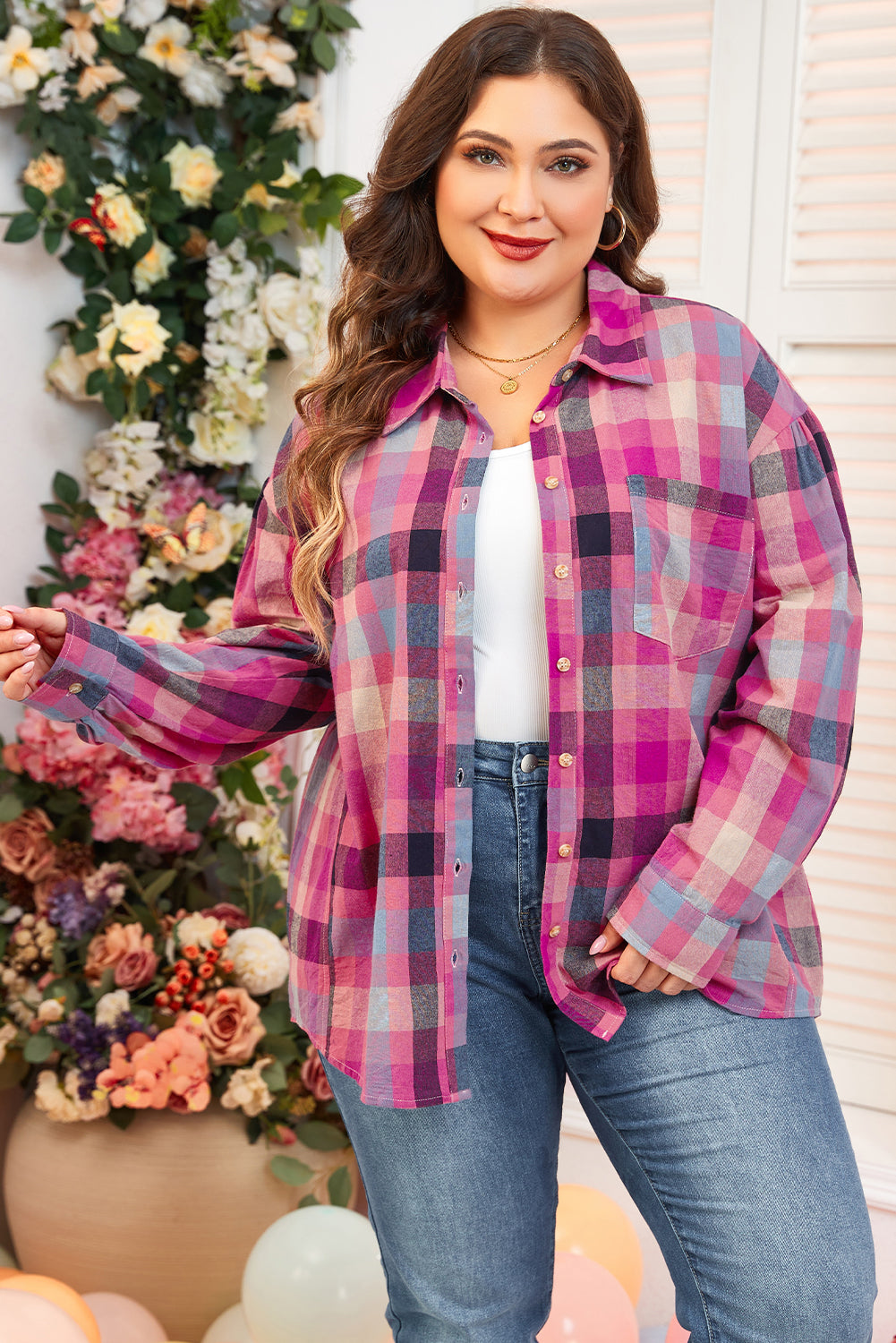 Rose stripe plus size checkered print button up shirt