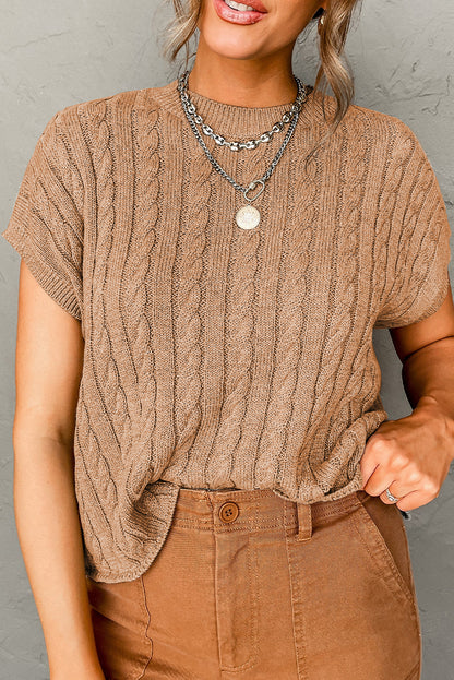 Light french beige rundhalsausschnitt kabelstrickpullover mit kurzen ärmeln