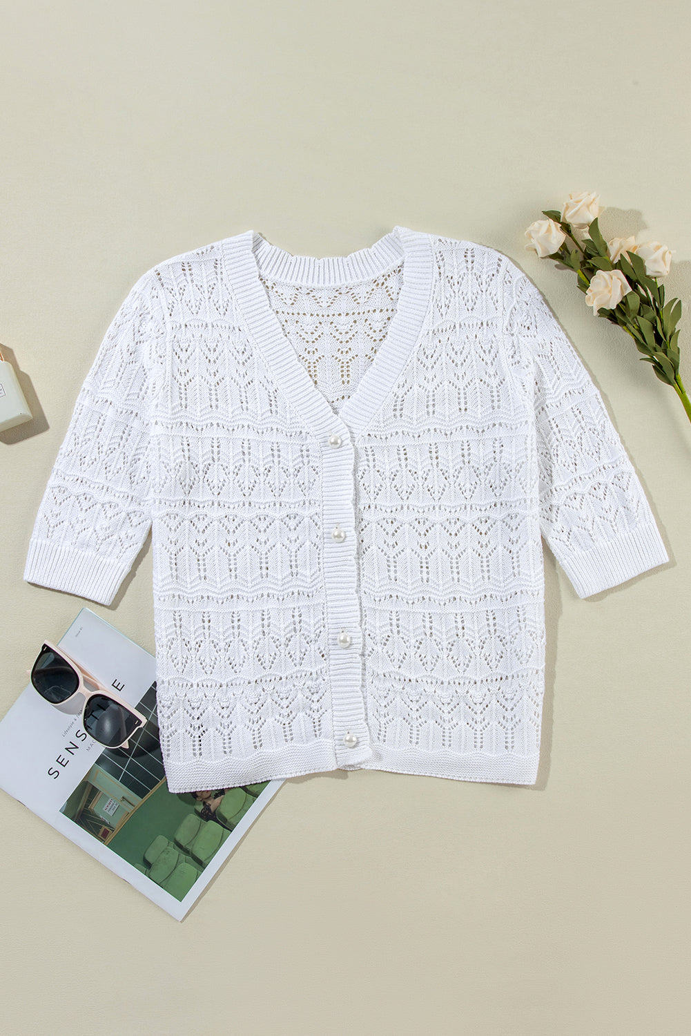 White Frenchy Hollow Out Strickcardigan met V-Neckline