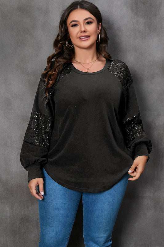 Schwarzes plus size pailletten patchwork rundhalsausschnitt langarm top