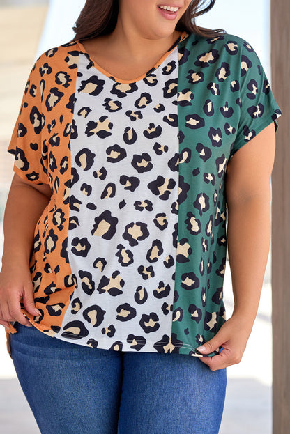 Gelbes plus größe leopard druck kontrast t-shirt