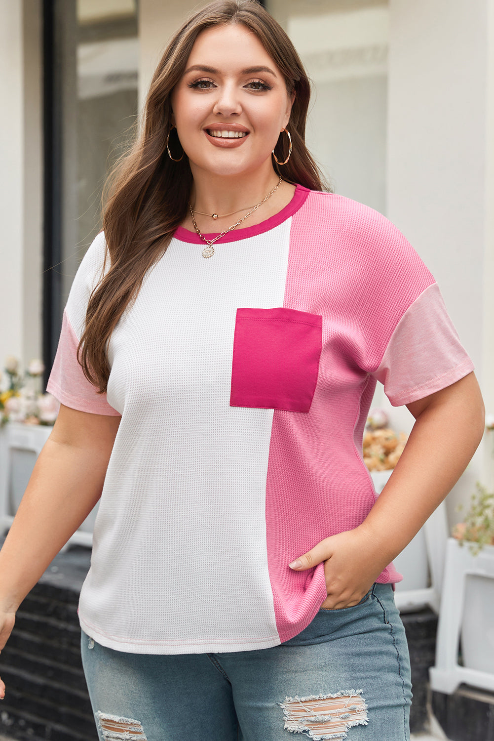 Pfirsichblüte farbblock patchwork plus size t-shirt