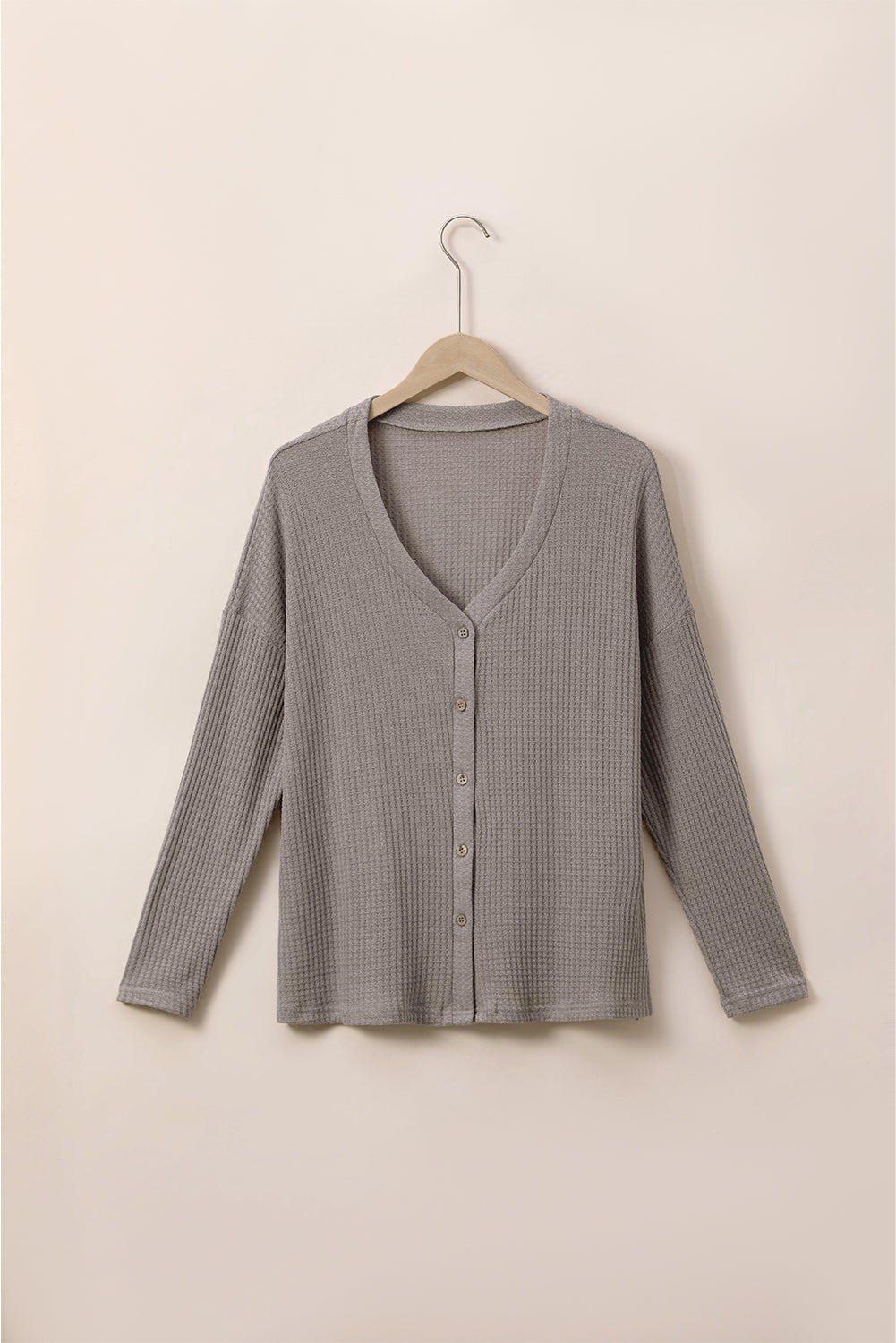 Simply taupe waffle knit drop shoulder knopf v-ausschnitt plus größe top