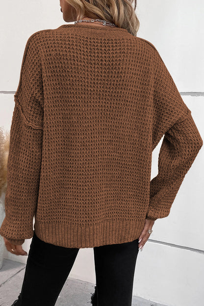 Kaffee pointelle strickpullover mit v-ausschnitt und tropfenschulter