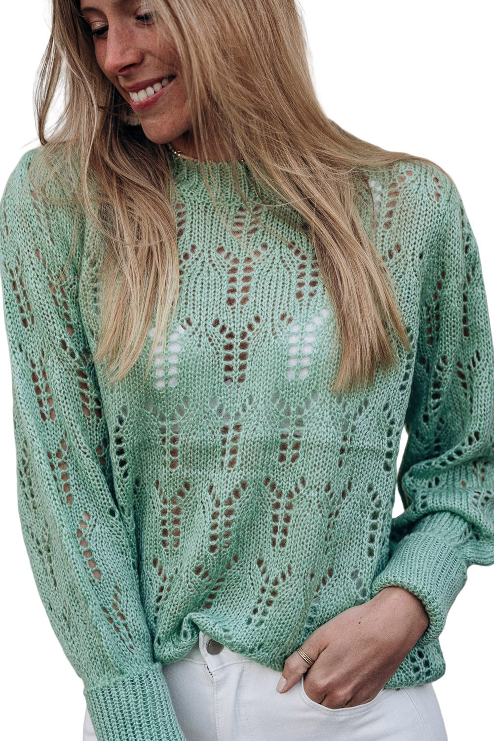 Green Pointelle Sweater gemaakt van transparant touw