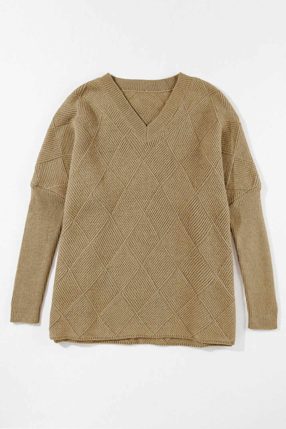 Karierter pullover mit strukturierten fledermausärmeln in camel