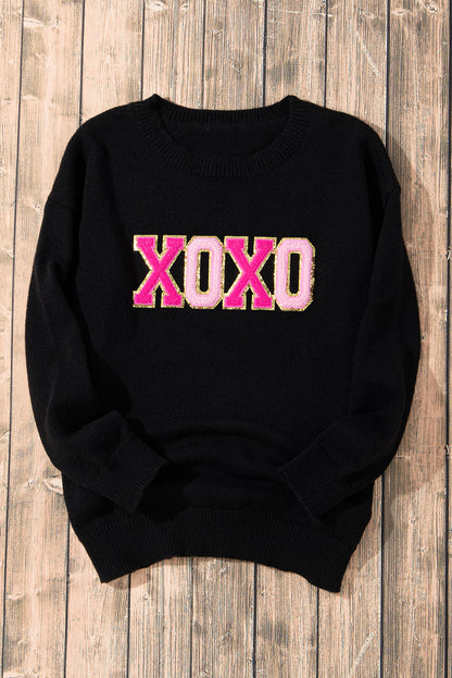 Schwarzer xoxo glitter print rundhalsausschnitt casual pullover