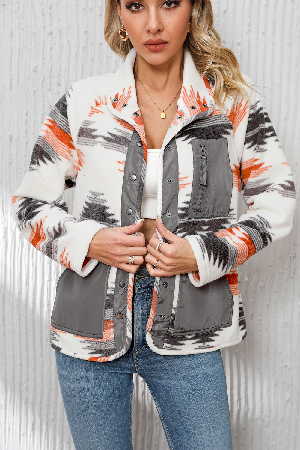 Multi -colored Aztec Fleece Patchwork Jacket met drukknoppen