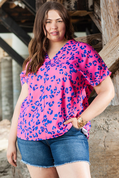 Rose contrast leopard print plus size v-ausschnitt bluse