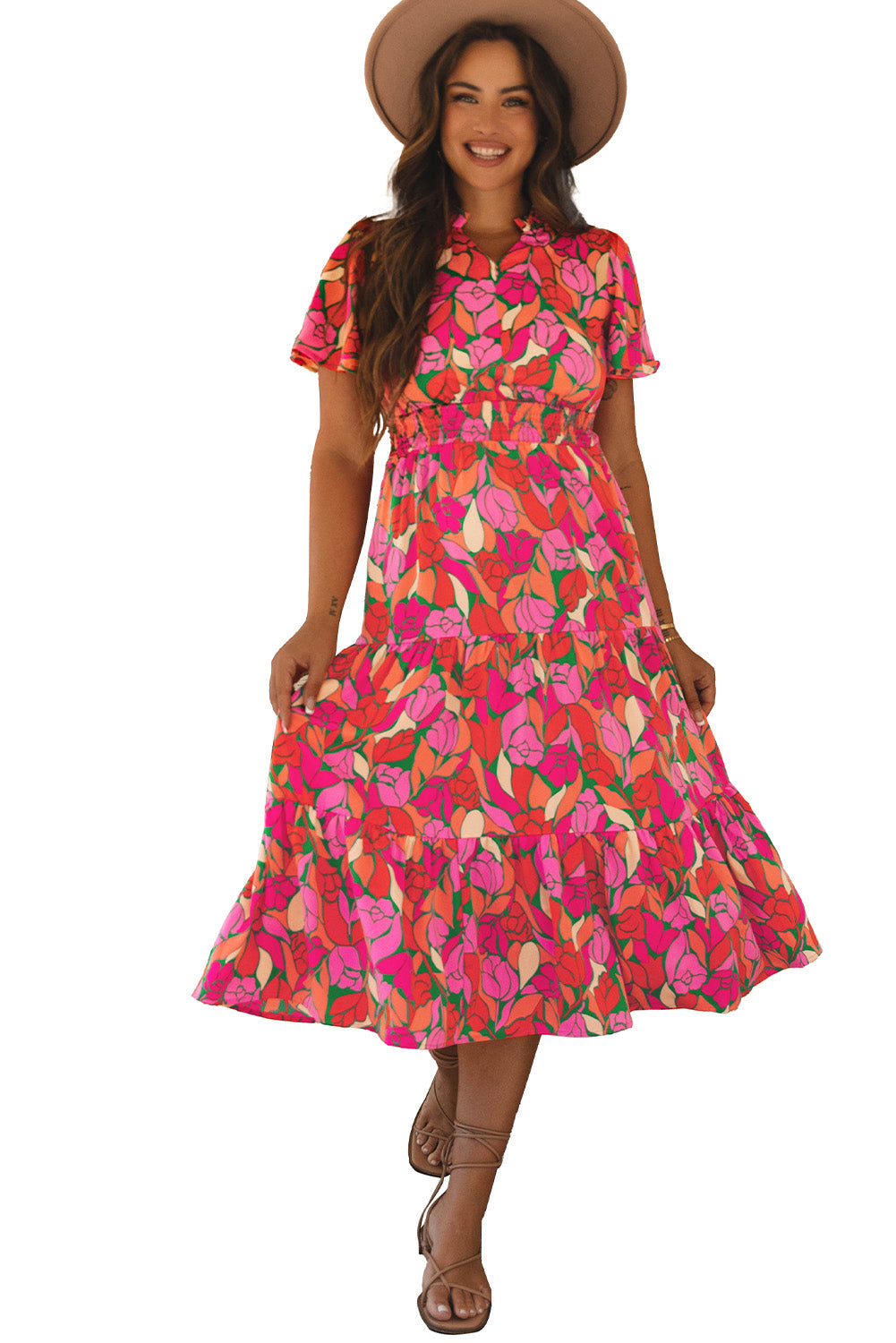 Rose bloemen met korte mouwen gesmokte taille maxi -jurk