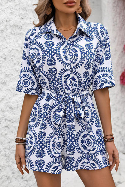 Blauw mandala bedrukt shirt met korte mouwen met riem romper