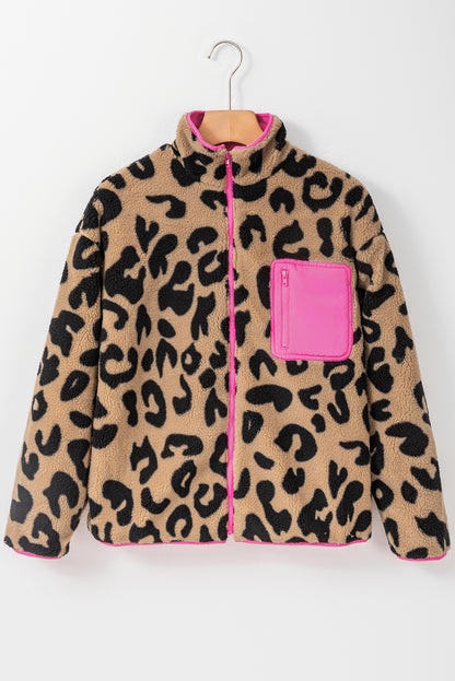 Leopard colorblock tasche reißverschluss fuzzy-fleece-jacke