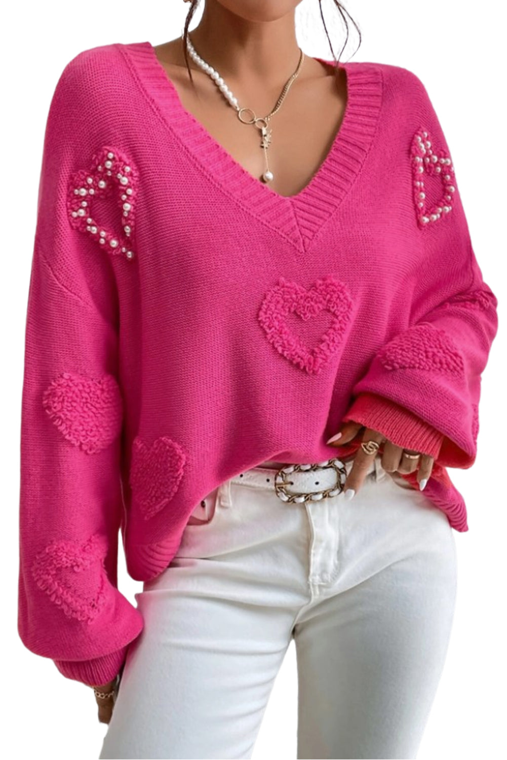 Rose Red, Pearl Decorated Sweater met een V-Neck en Fluffy Heart