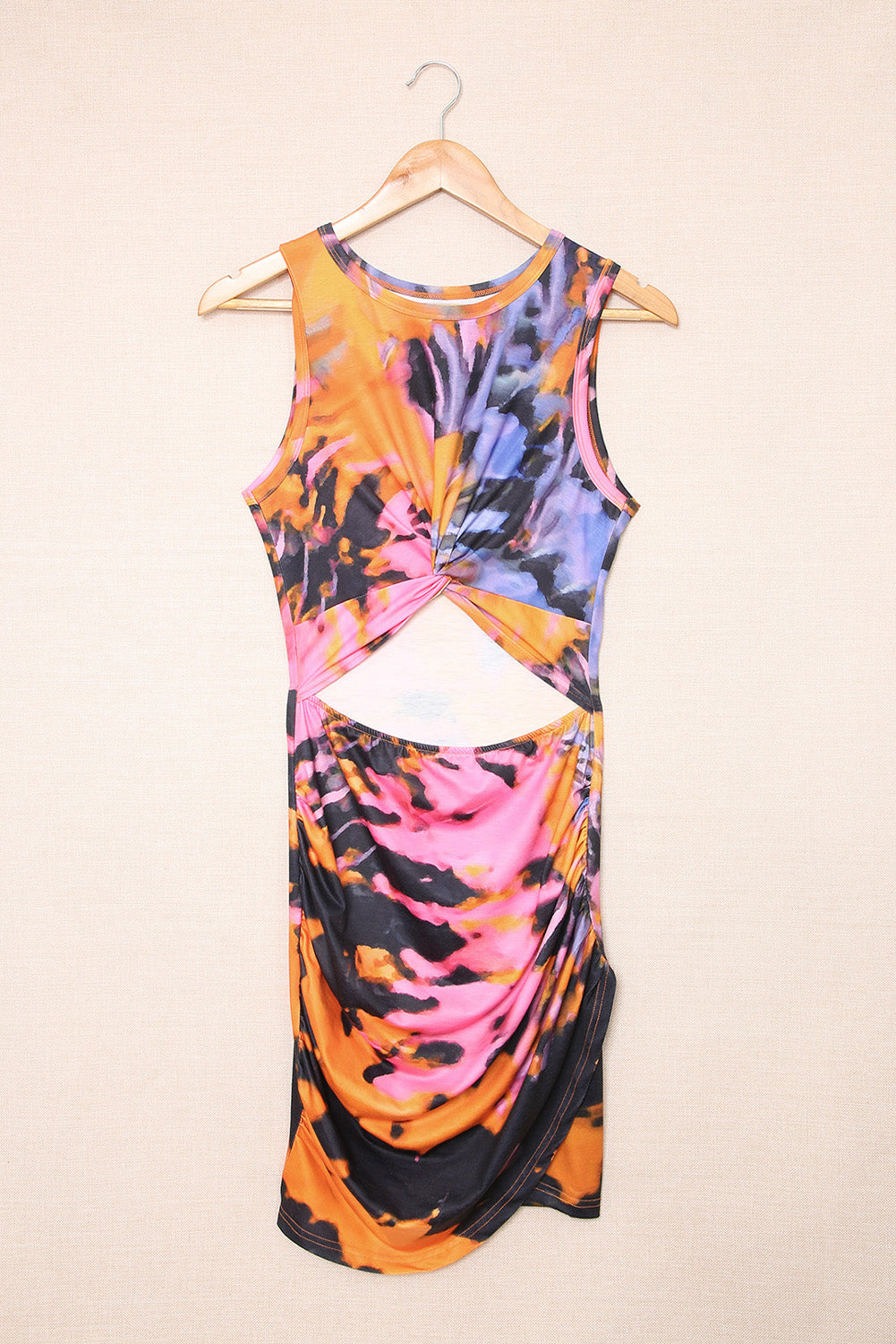 Multi-colour tie-dye print holle out Twist bodycon mini-jurk