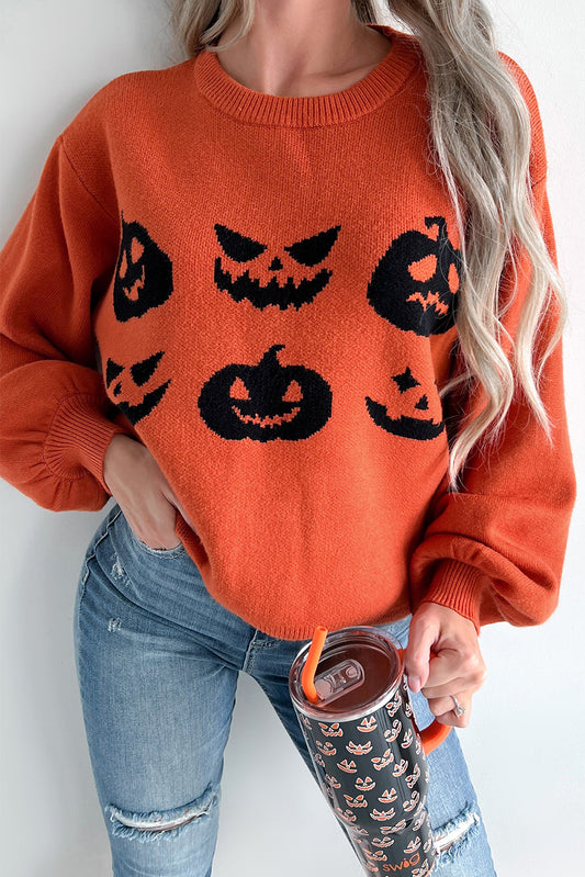 Orange halloween kürbis gesicht muster drop shoulder pullover