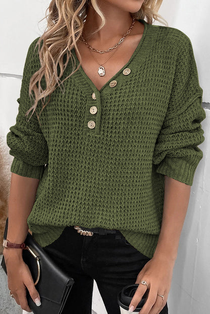 Pickle grüner pointelle strickpullover mit v-ausschnitt und tropfenschulter