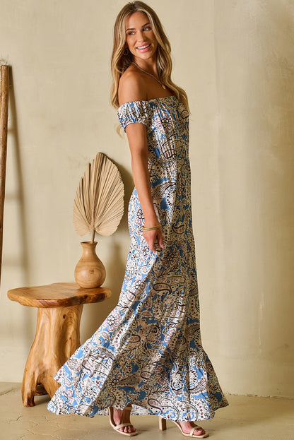 Blue Boho Paisley Print Schouder -Vrije maxi -jurk