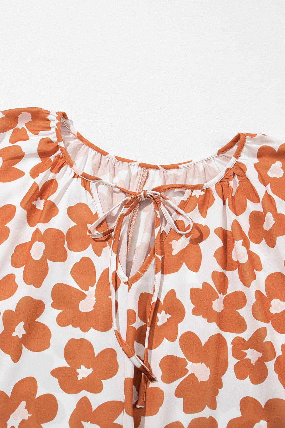 Orange plus größe floral print drawstring v hals kurzarm bluse