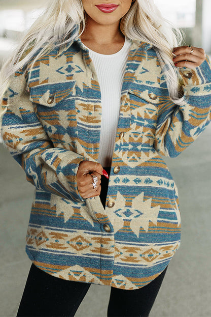 Blaue western aztec print knopfleiste mit klappe tasche jacke