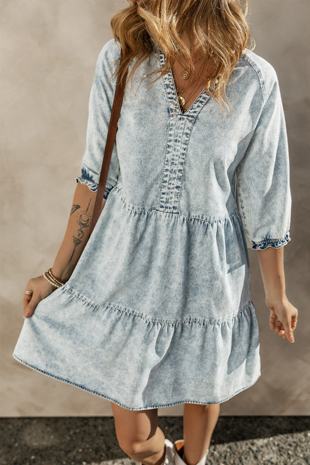 Donkerblauw zuur water retro denimjurk met halve mouwen