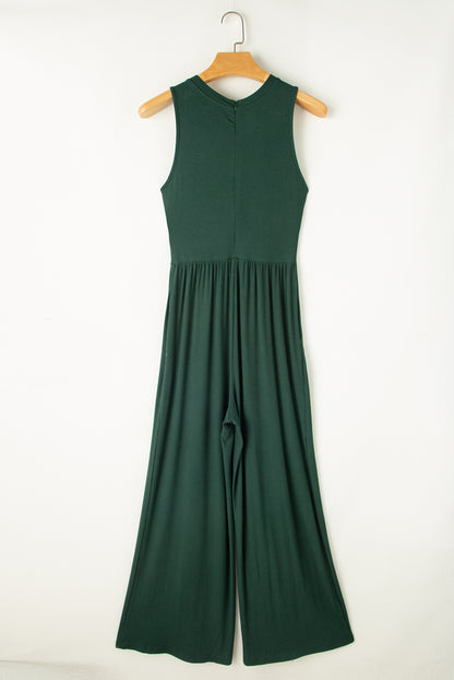 Zwart -Green mouwloze jumpsuit met wide been en geregen taille