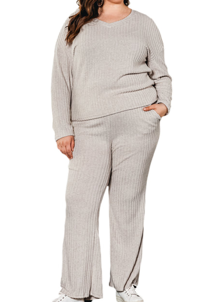 Pergament plus größe gerippt v-ausschnitt pullover und hose set