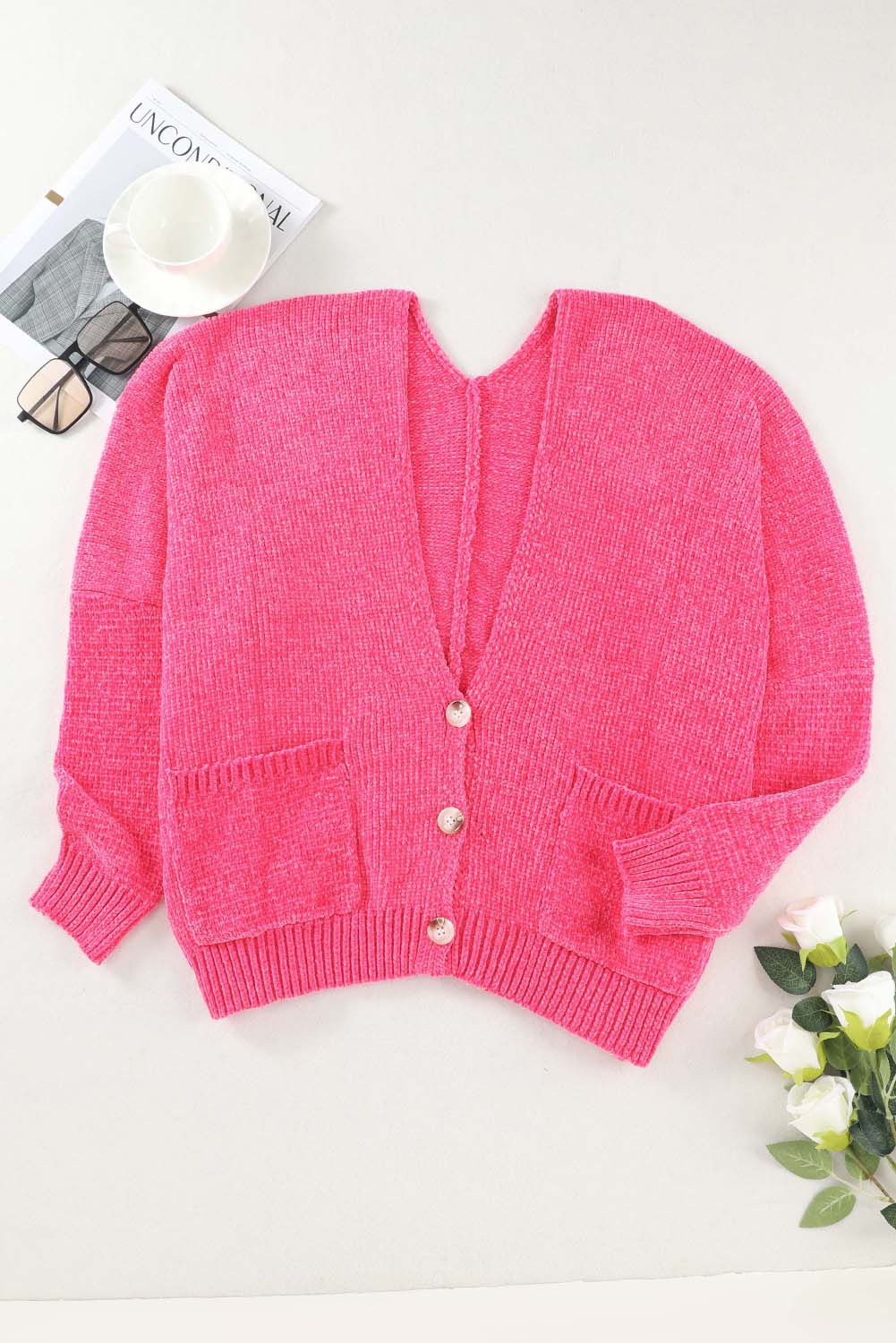 Rose knöpfe front pocketed pullover cardigan