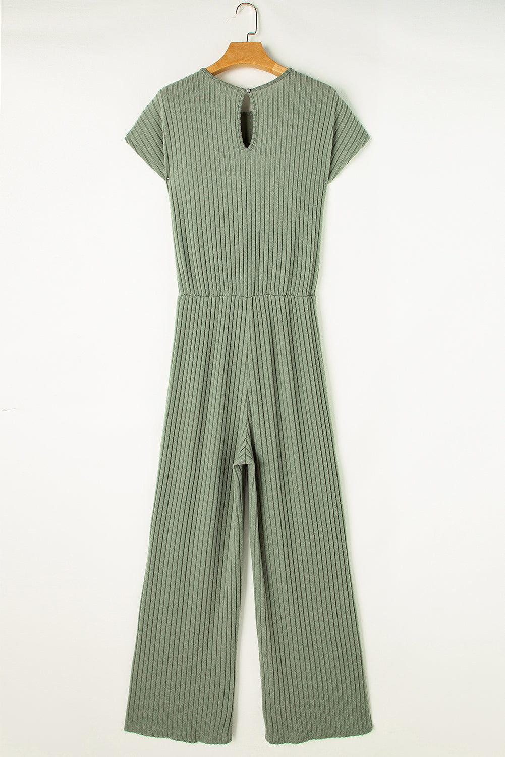 Gras -Green vaste kleur geribbeld kort -zoven wide been jumpsuit