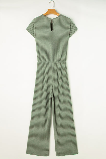 Gras -Green vaste kleur geribbeld kort -zoven wide been jumpsuit