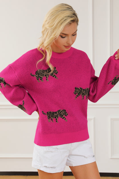 Rose Red Fierce Animal Pattern Casual Sweater gebreid