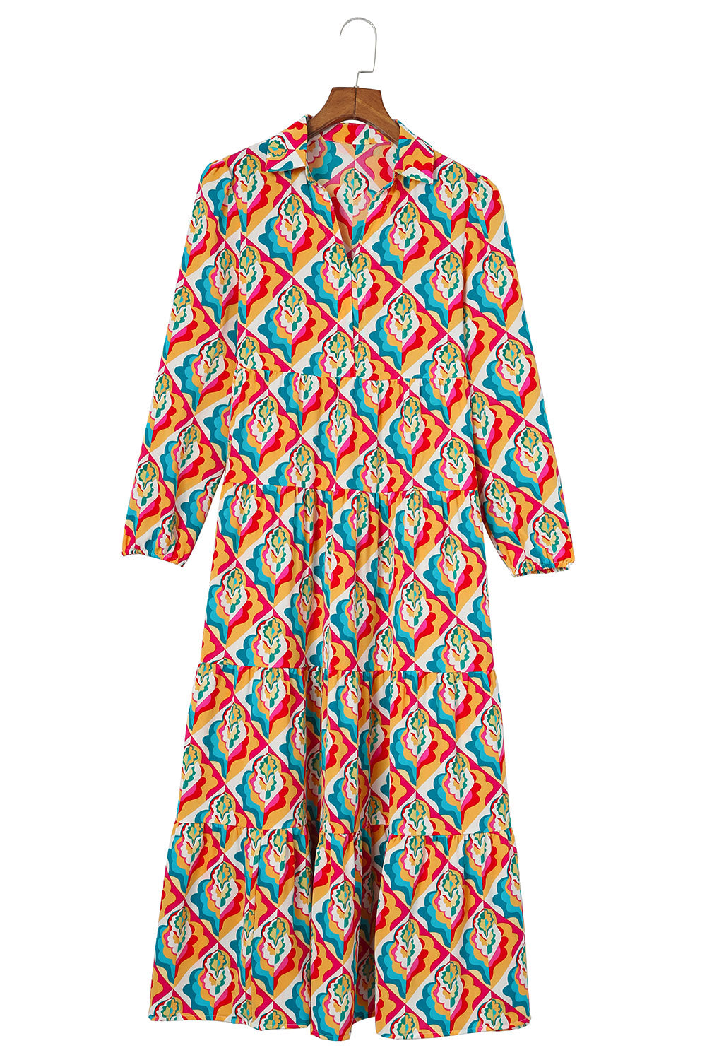 Multicolor abstrakt geometrisch print langärmeliges kleid mit hoher taille