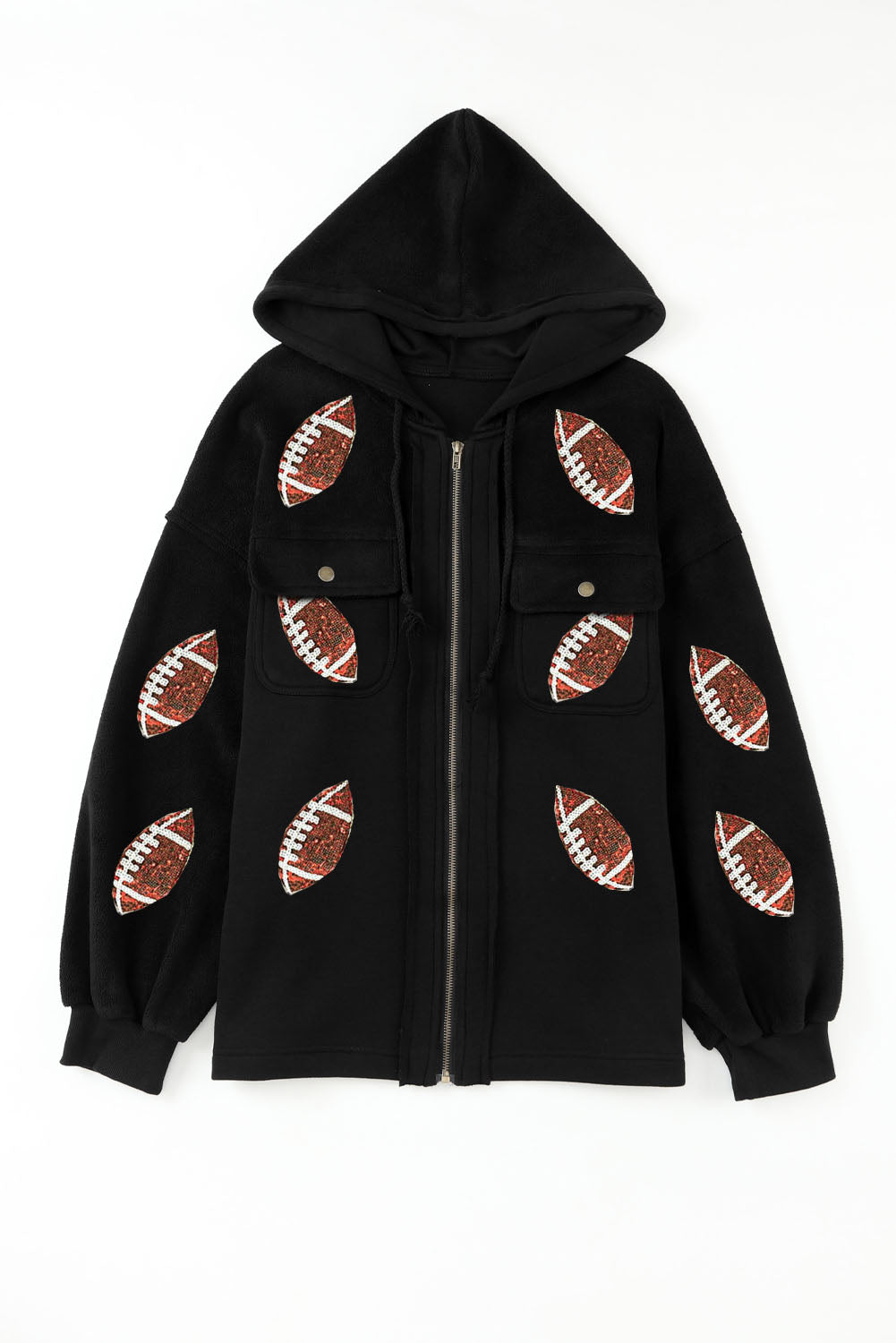 Schwarze pailletten rugby football patterned zipper hooded jacket