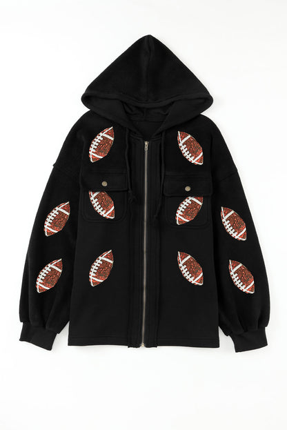 Schwarze pailletten rugby football patterned zipper hooded jacket