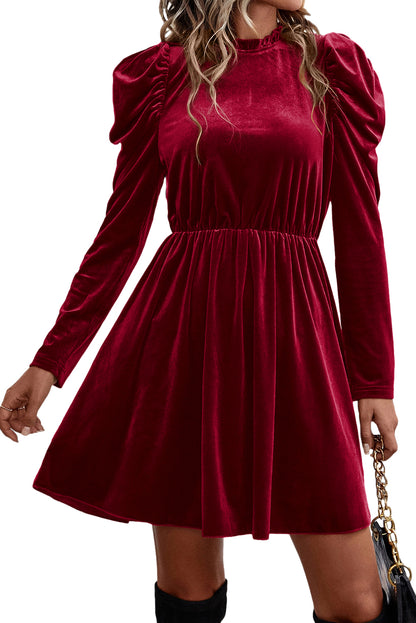 Red dahlia samt rüschenausschnitt gigot ärmel swing kleid