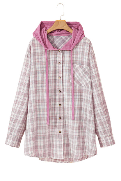 Bonbon plaid druck kordelzug mit kapuze button-up plus größe shirt