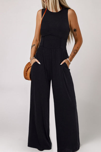 Zwarte mouwloze jumpsuit met brede been en vernauwde taille