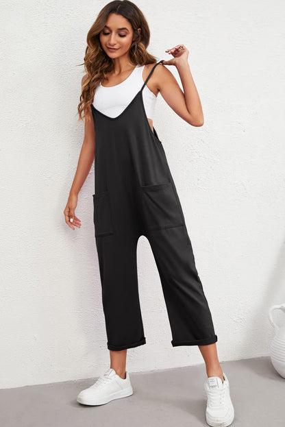 Zwart zak met verstelbare spaghetti -riemriemriempoot jumpsuit