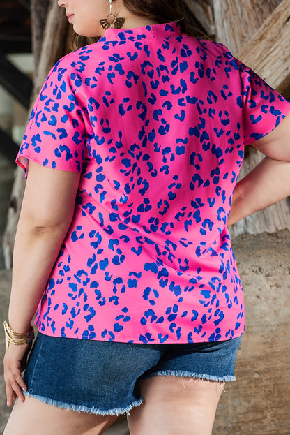 Rose contrast leopard print plus size v-ausschnitt bluse