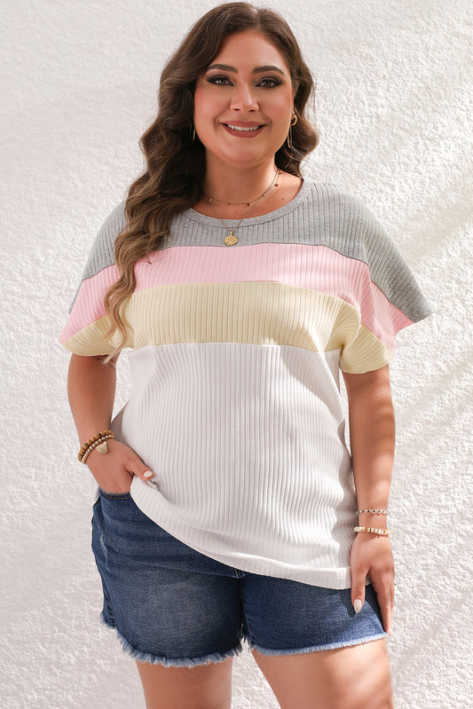 Weißes colorblock-patchwork-shirt mit gerippten batwing-ärmeln plus-t-shirt