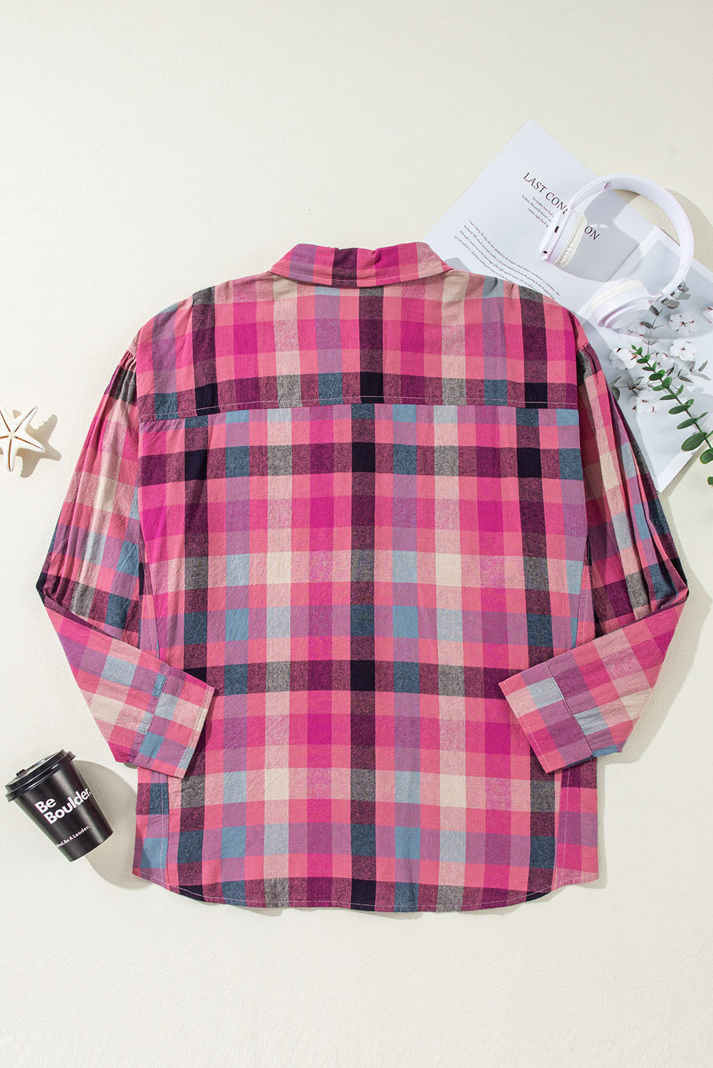 Rose stripe plus size checkered print button up shirt