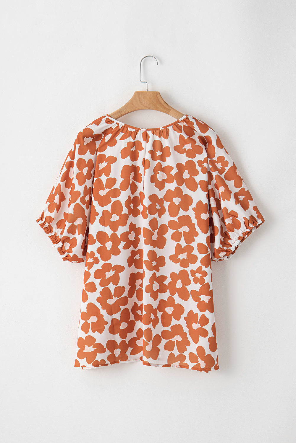 Orange plus größe floral print drawstring v hals kurzarm bluse