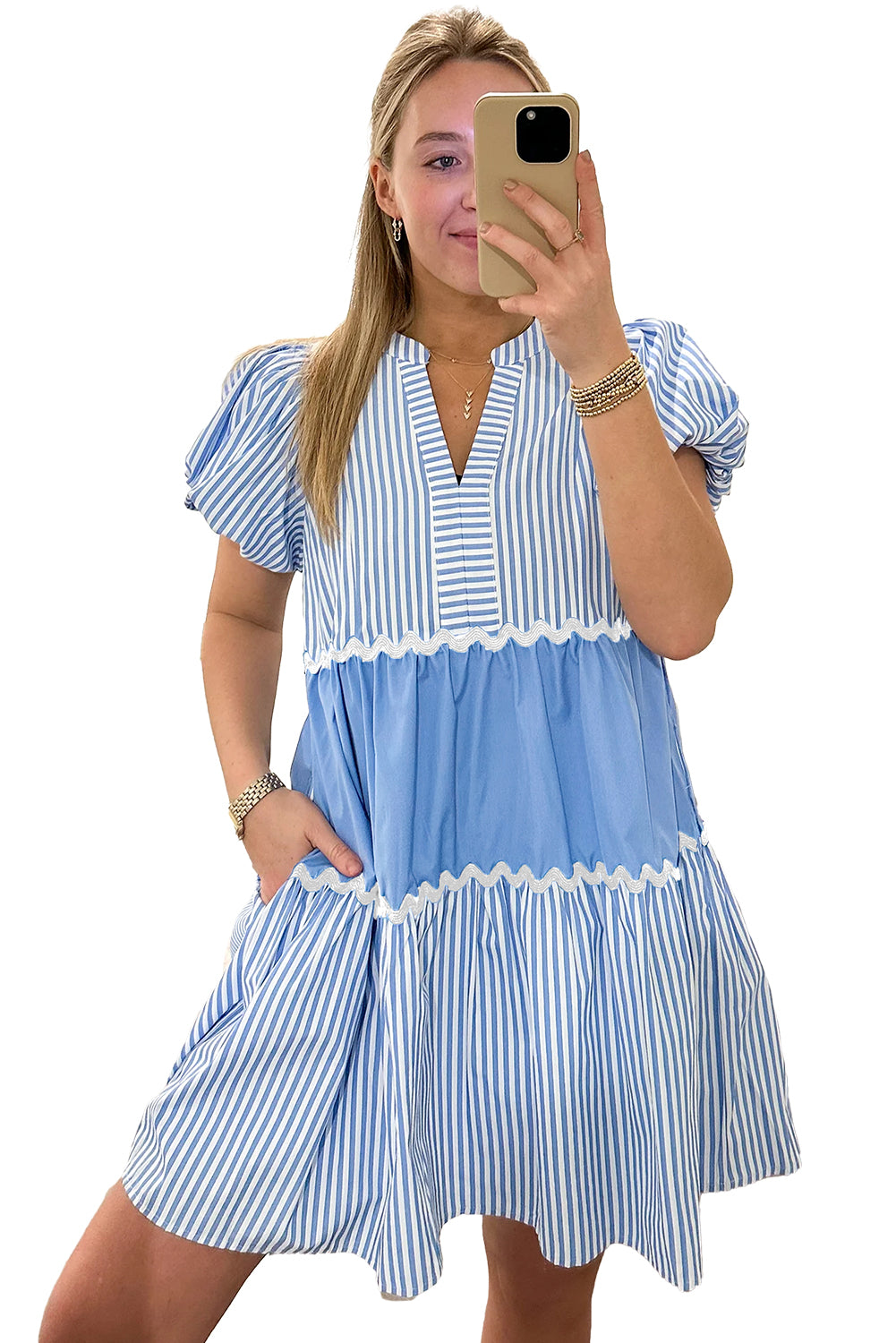 Sky Blue Ric Rac Striped Bubble Sleeve-jurk met een V-Neckline