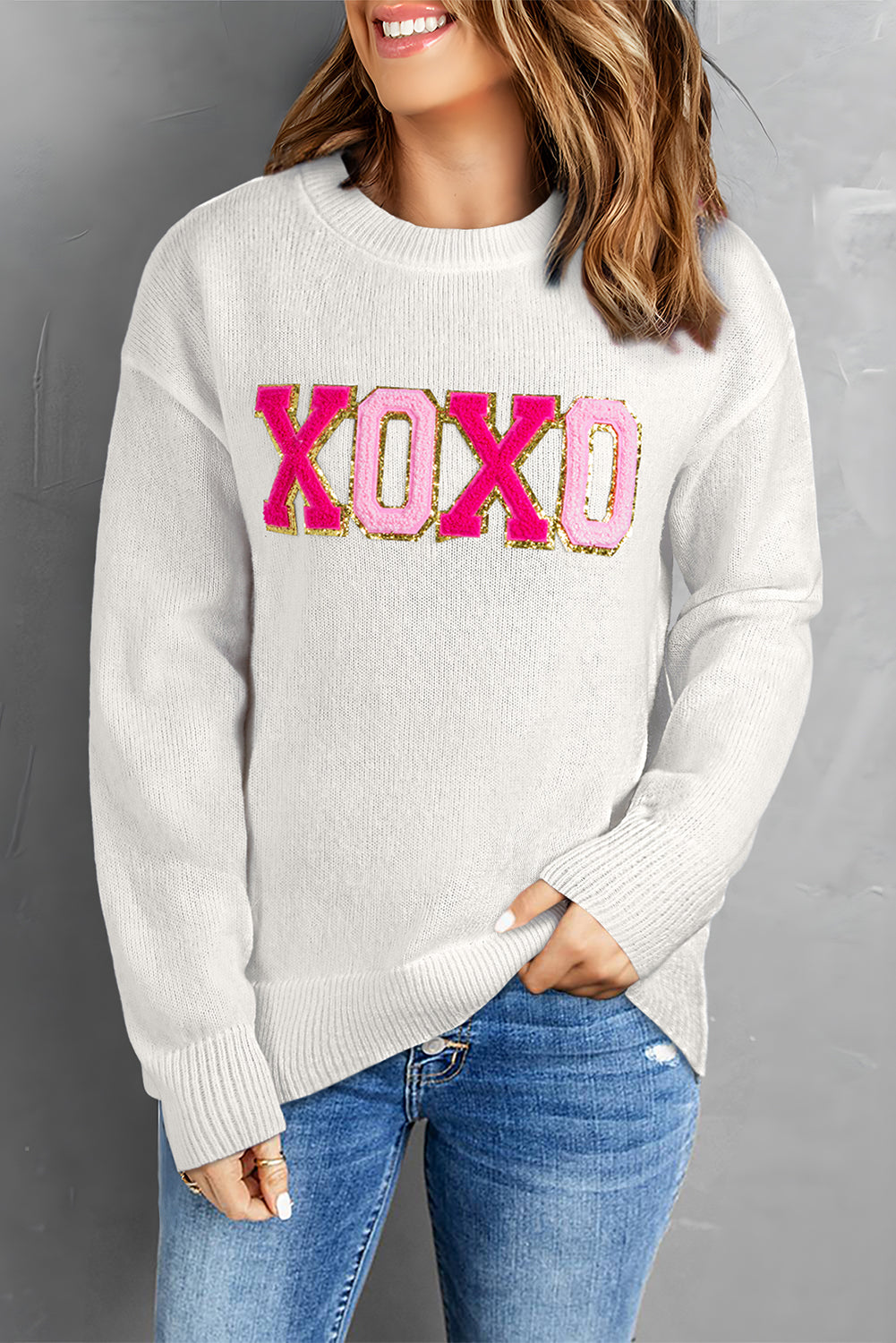 Witte xoxo glitter print cirkelvormige sectie casual pullover