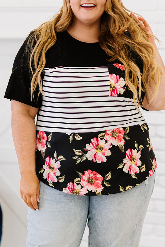 Schwarzes plus size splicing block stripe floral kurzarm top