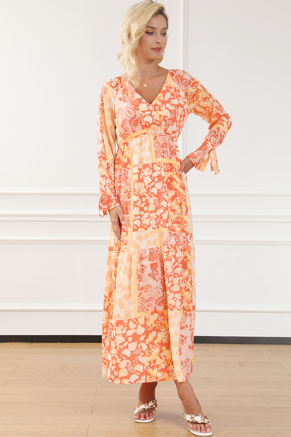 Orange boho floral wrap v neck tie langarmkleid